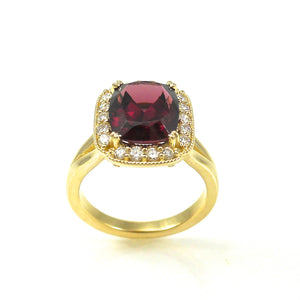 Yellow-Gold Rhodolite Garnet Ring with diamond halo