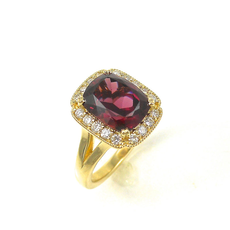 Rhodolite Garnet Ring with diamond halo