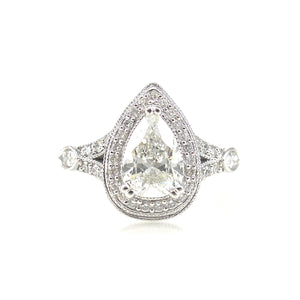 pear shaped 3 prong set diamond halo custom engagement ring