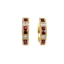 Load image into Gallery viewer, 14k yellow-gold, huggie-style hoop earrings with rubies accented with round brilliant cut diamonds and milgrain detailing