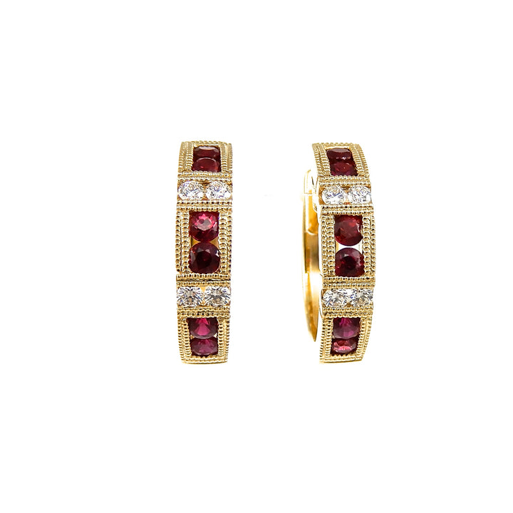 14k yellow-gold, huggie-style hoop earrings with rubies accented with round brilliant cut diamonds and milgrain detailing