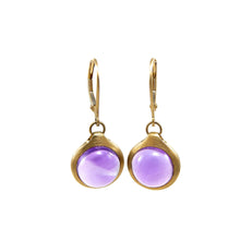 Load image into Gallery viewer, 14k yellow-gold lever-back earrings purple cabochon amethysts in satin finished bezels