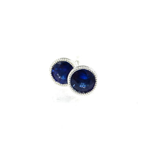 sapphire stud earrings set in 14k white-gold with milgrain accented mountings