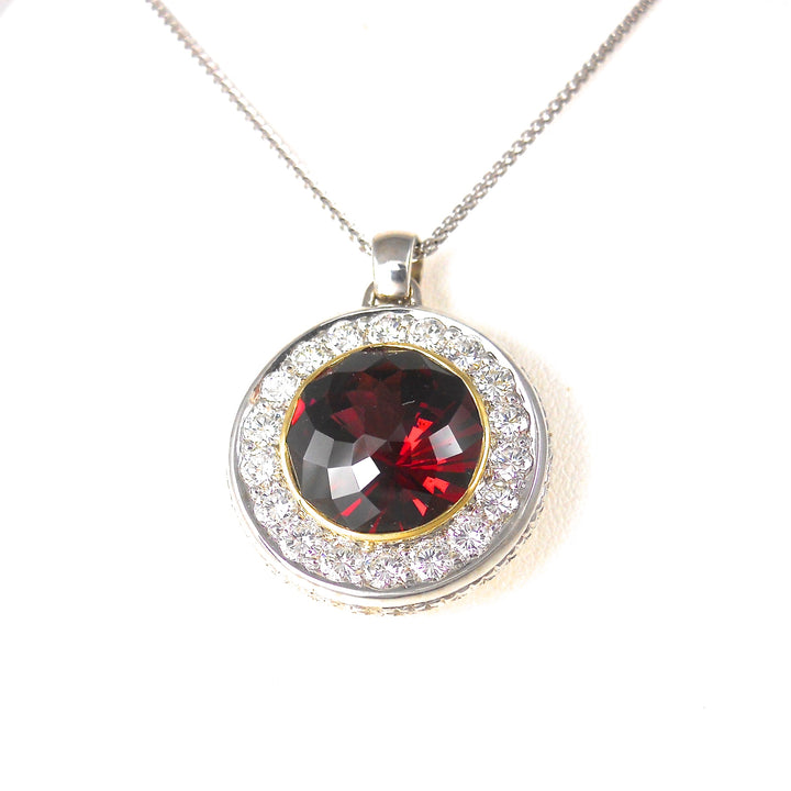 14k yellow and white-gold pendant with red Rhodolite Garnet and diamonds