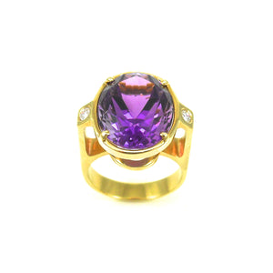 handmade amethyst and diamond ring in yellow gold setting
