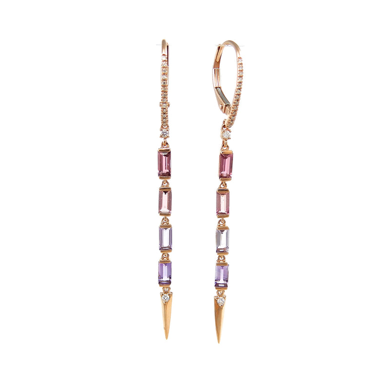 14k rose gold dangle earrings with tourmaline, amethyst and diamonds.