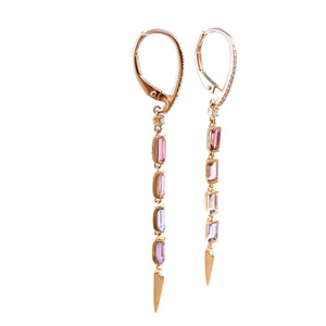 custom 14k rose gold dangle earrings with tourmaline, amethyst and diamonds