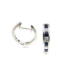 Load image into Gallery viewer, 14k white-gold diamond and sapphire huggie earrings