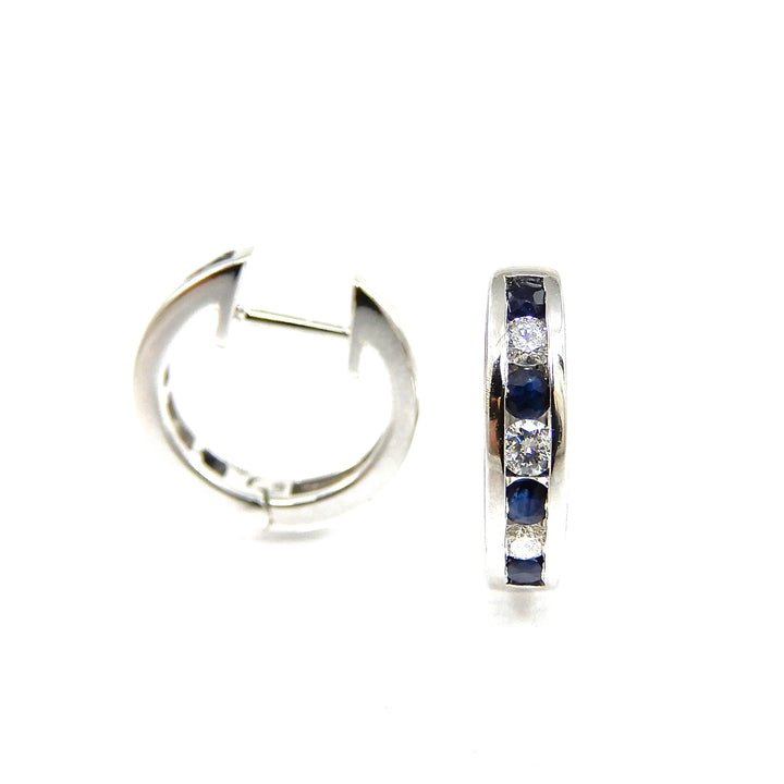 14k white-gold diamond and sapphire huggie earrings