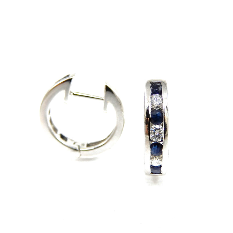 14k white-gold diamond and sapphire huggie earrings