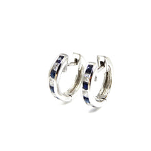 Load image into Gallery viewer, handcrafted 14k white-gold diamond and sapphire huggie earrings
