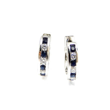 Load image into Gallery viewer, custom 14k white-gold diamond and sapphire huggie earrings