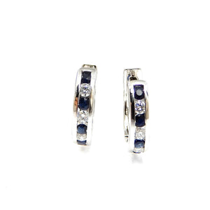 custom 14k white-gold diamond and sapphire huggie earrings