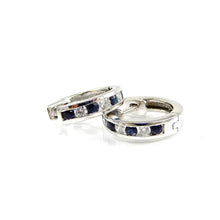 Load image into Gallery viewer, 14k white-gold diamond and sapphire huggie earrings