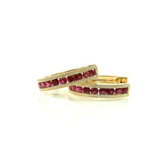 Load image into Gallery viewer, handcrafted 14k yellow gold ruby hoop earrings