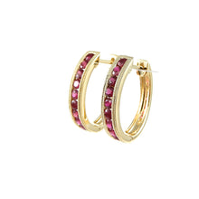 Load image into Gallery viewer, 14k yellow gold ruby hoop earrings