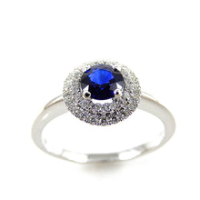 Load image into Gallery viewer, Handcrafted Sapphire and Diamond 14K White Gold Double Halo Ring