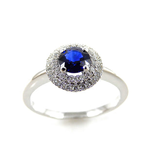 Handcrafted Sapphire and Diamond 14K White Gold Double Halo Ring