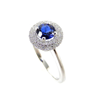 Sapphire and Diamond 14K White Gold Double Halo Ring