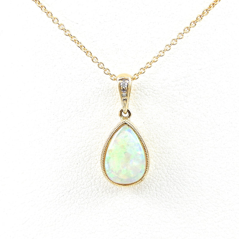 Pear Shape Opal Pendant with miligrain and diamond accents