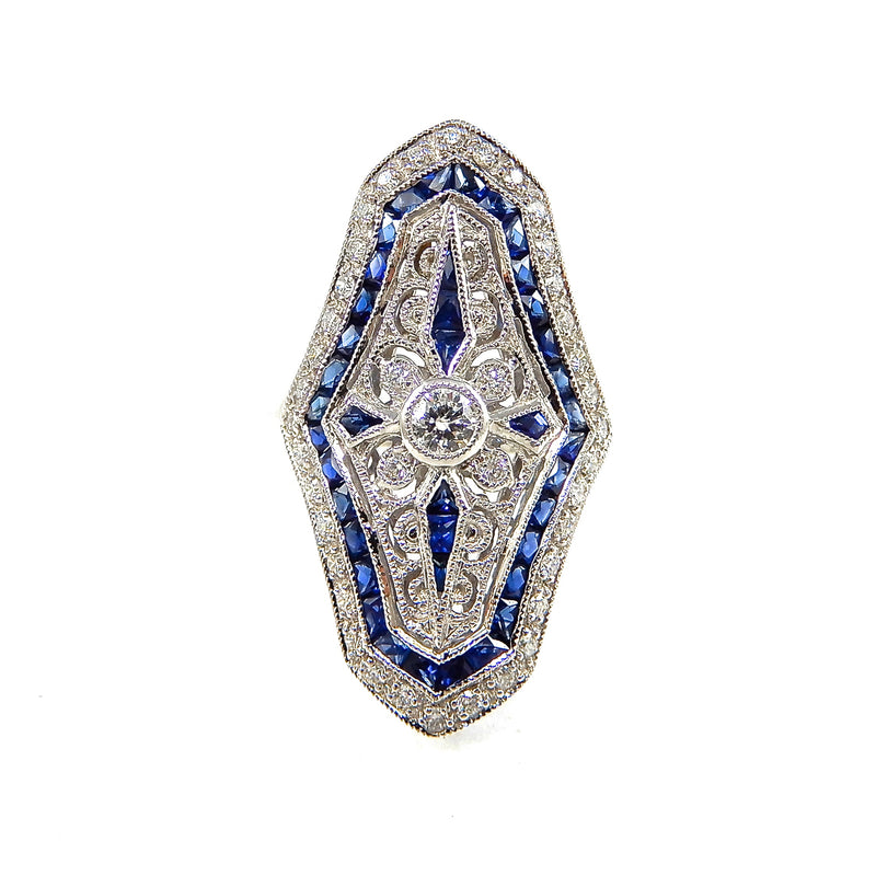 Vintage elongated diamond and sapphire ring