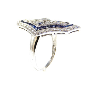 Vintage elongated diamond and sapphire ring