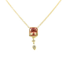 Load image into Gallery viewer, watermelon tourmaline bezel necklace set in 14k yellow gold with diamond accents for sale