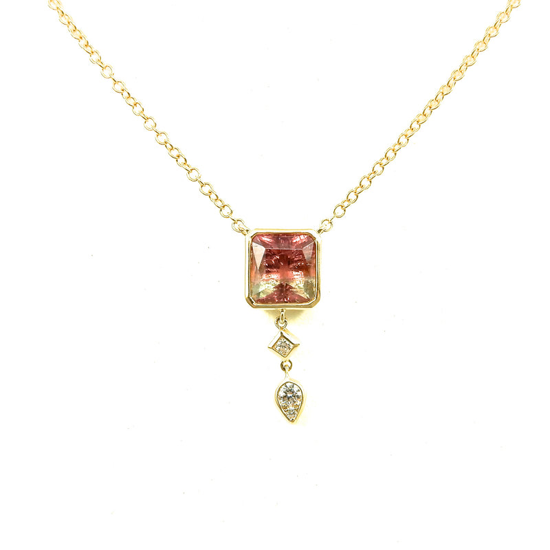 watermelon tourmaline bezel necklace set in 14k yellow gold with diamond accents