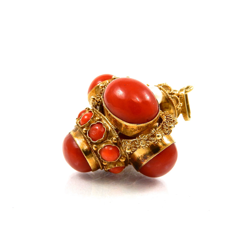 18k yellow gold, coral and pearl bobble vintage pendant