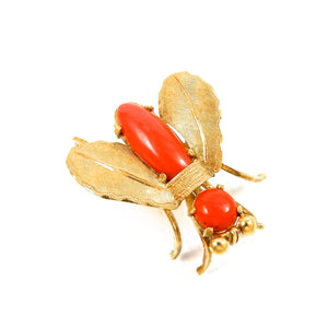 custom made 18k yellow gold vintage coral fly brooch for sale