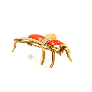 custom designed 18k yellow gold vintage coral fly brooch for sale