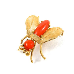 18k yellow gold vintage coral fly brooch