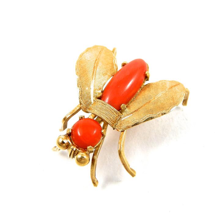 18k yellow gold vintage coral fly brooch