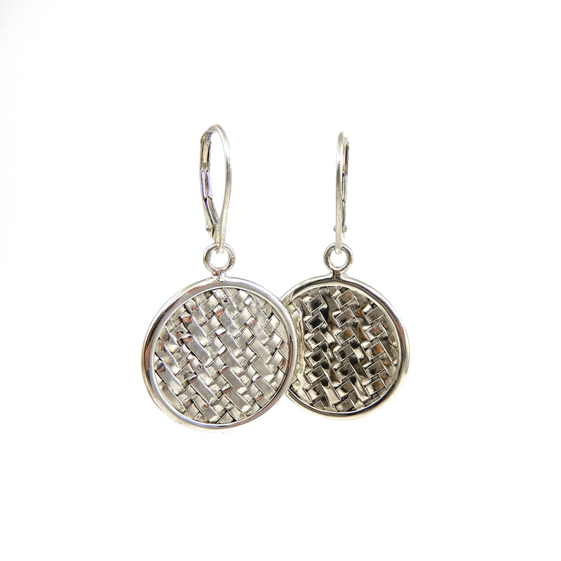 Sterling Silver basket weave round disc dangle earrings