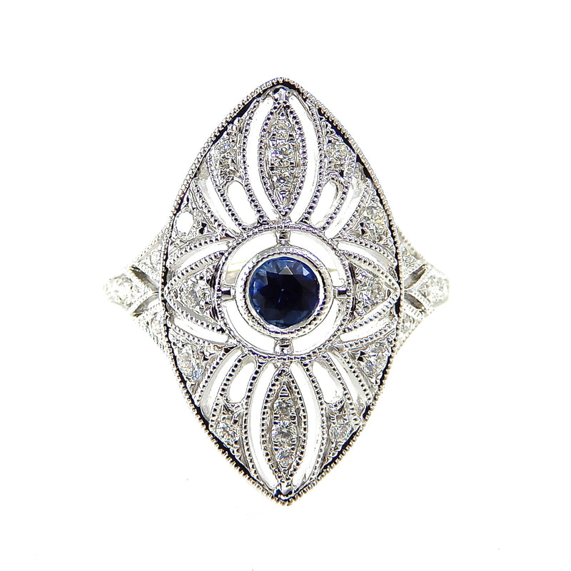 Sapphire & Diamond Marquise Shape Filigree Ring
