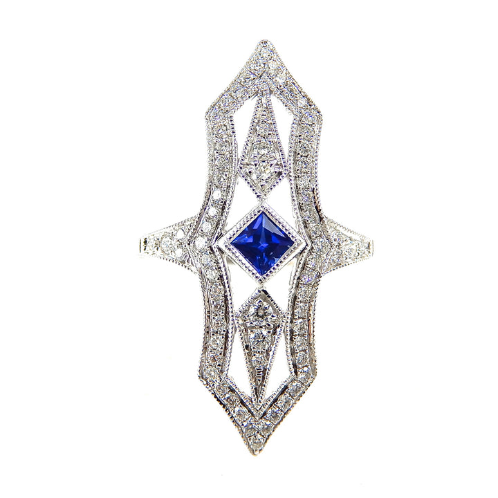 Sapphire & Diamond Elongated Filigree Ring