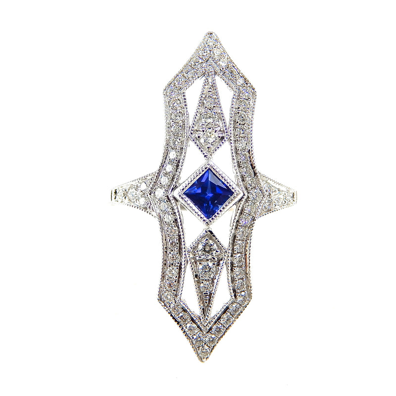 Sapphire & Diamond Elongated Filigree Ring