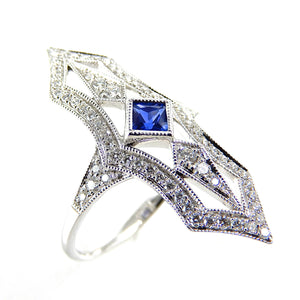 Sapphire & Diamond Elongated Filigree Ring