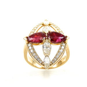 Yellow Gold pear cut rubies and marquise diamond ring