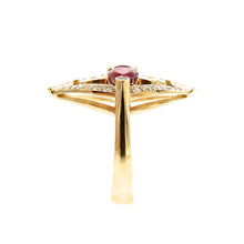 Load image into Gallery viewer, pear cut rubies and marquise diamond ring with a round brilliant cut diamond accented frame in yellow gold