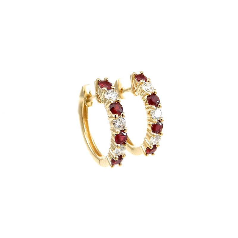 14k yellow-gold 18 millimeter hoop earrings featuring 1 carat total weight of alternating round brilliant diamonds and rubies