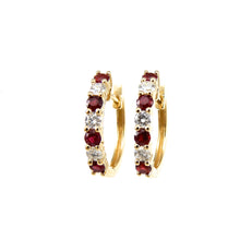 Load image into Gallery viewer, ruby and diamond hoop earrings in yellow gold