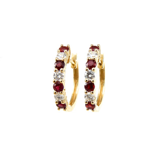 ruby and diamond hoop earrings in yellow gold