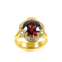 Load image into Gallery viewer, 18k yellow gold rhodolite garnet and diamond ring for sale