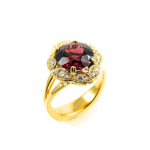 Load image into Gallery viewer, custom designed 18k yellow gold rhodolite garnet and diamond ring for sale