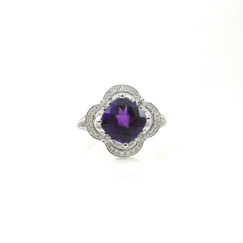 14k white-gold ring checkerboard cushion-cut amethyst in clover shaped diamond halo