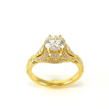 Load image into Gallery viewer, 18k yellow gold antique style solitaire engagement ring featuring filigree and diamond accents