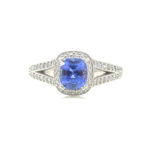 Load image into Gallery viewer, cushion cut sapphire engagement ring with diamond split shank
