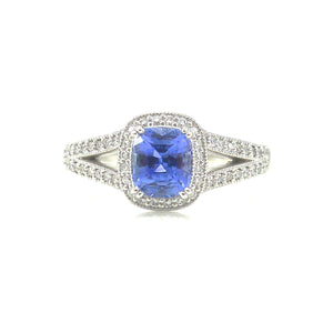 cushion cut sapphire engagement ring with diamond split shank