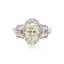 Load image into Gallery viewer, three stone halo diamond engagement ring